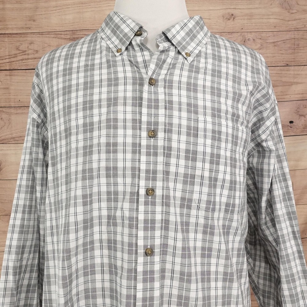 Harbor Bay HB Shirt Mens Big 4XL Gray Plaid Long Sleeve Button-Up Cotton Blend